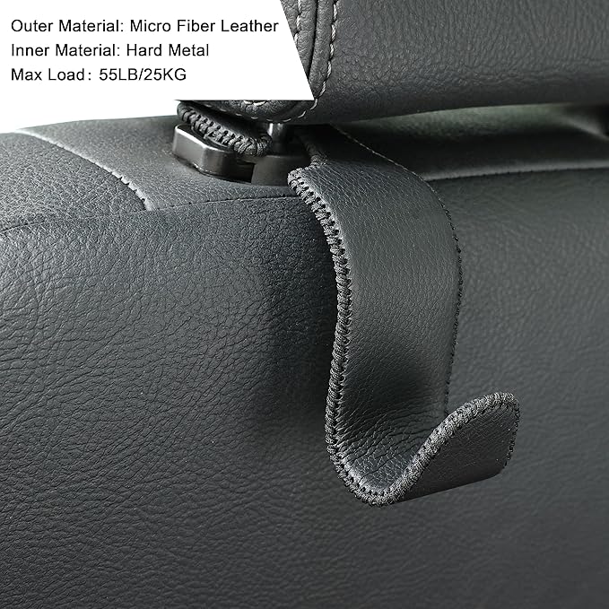 Amooca Car Seat Headrest Hook Universal Vehicle Storage Hanger Leather with Metal Car Seat Back Organizer for Handbag Purse Coat Black 2 Pack