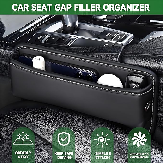 AIUSLN 2026 Upgraded 2 PC(L+R) Premium Leather Car Seat Gap Filler Organizer, Car Seat Gap Plug with Storage Slot Cup Holder Gap Bag Front Seat for Phone Glasses Keys Car/SUV/Truck Christmas Gifts