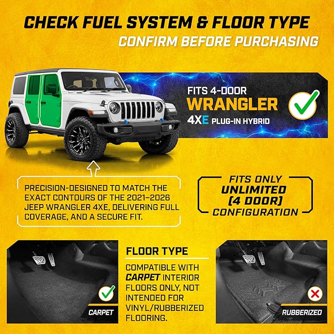 Cat® JustFit™ 3D Floor Mats for Jeep Wrangler 4XE 2021–2026 4-Door Custom Fit All Weather Floor Liners Heavy Duty Rubber Mats for 4XE Hybrid Jeep Wrangler Accessories for Full Interior Protection 4dr