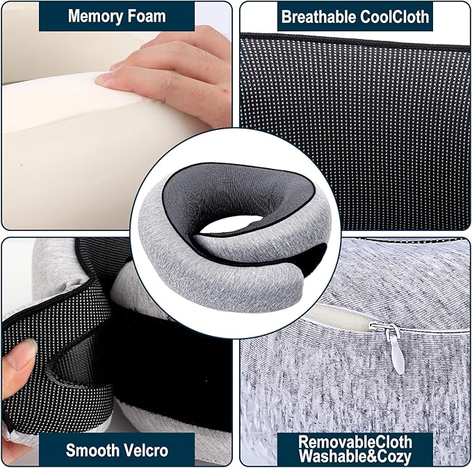 GongPath Travel Neck Pillow for Airplanes, 100% Memory Foam Neck Pillow for Sleeping, 360° Neck Support Pillow, Compact and Ergonomic Design for Travel, Car Rides, Airport (Light Grey)