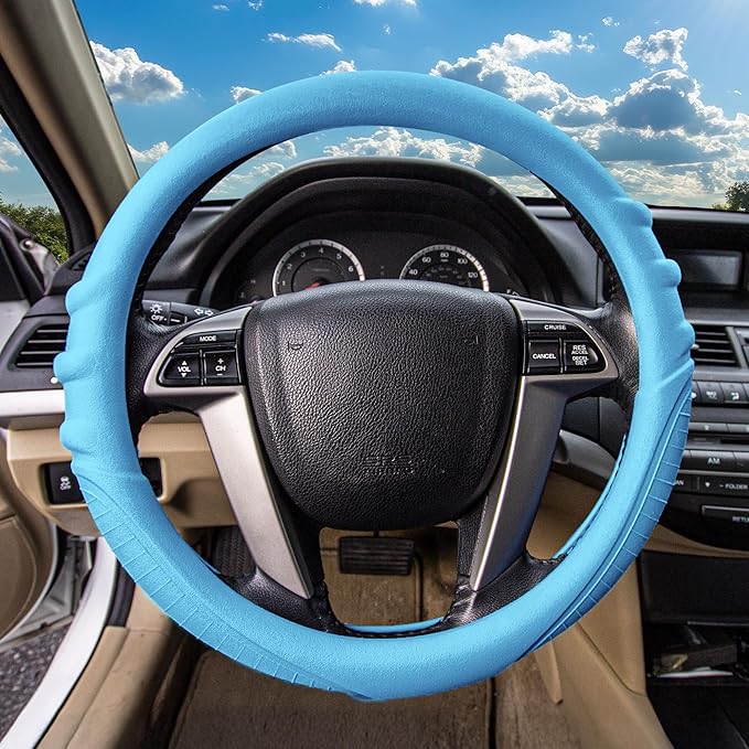 FH Group Universal Fit Silicone with Grip and Pattern Massaging Grip Steering Wheel Cover fits most Cars, SUVs, Trucks, and Vans Light Blue