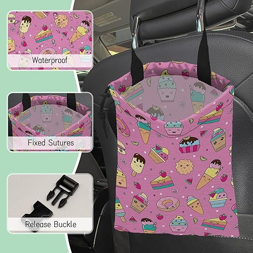 NHNXHWIA Sweets Ice Cream Car Garbage Bag,Kawaii Dessert Waterproof Small Car Trash Bag Hanging Back of Seat,Drawstring Hanging Car Trash Bag with Adjustable Buckle for Car Accessories