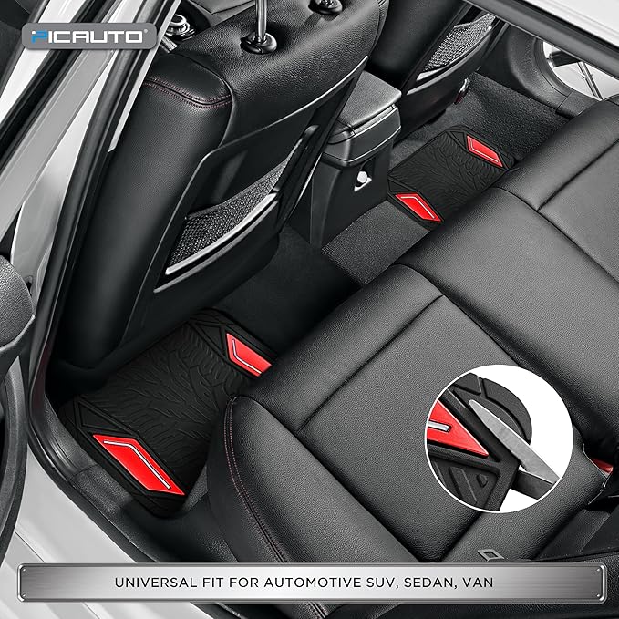 PIC AUTO Rubber Floor Mats, Red Aluminum Film with Colorful Piping Floor Mats for Cars, Car Mats with Non-Slip Backing, All-Weather Protection, Trim-to-Fit Liner for Cars, SUVs, Trucks, Vehicles