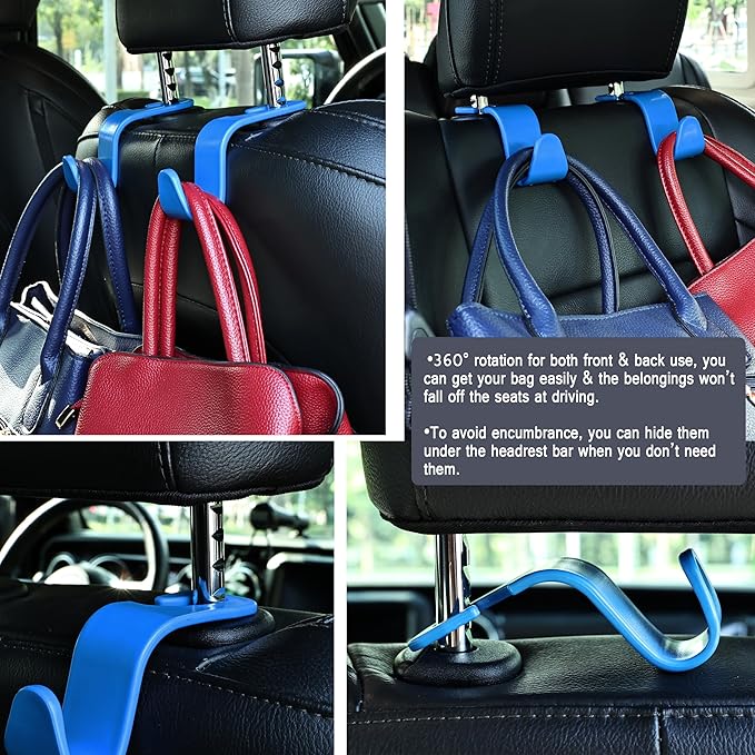 Amooca Car Seat Headrest Hook 4 Pack Hanger Universal Vehicle Car Storage Organizer for Handbag Purse Coat S Type Blue