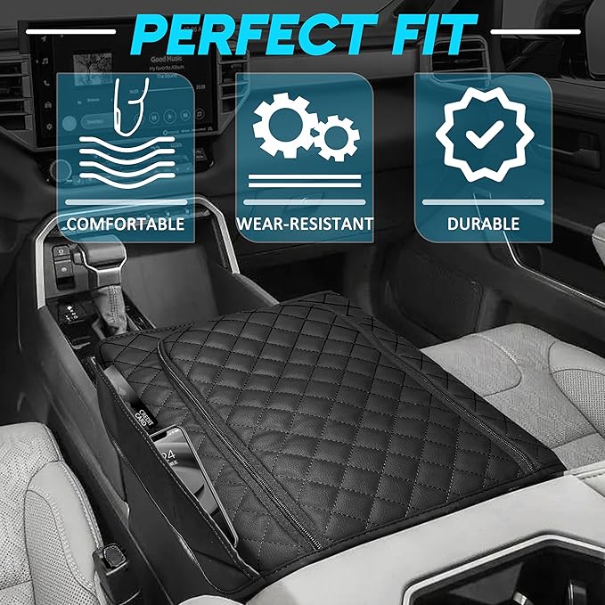 SENSHINE Center Console Armrest Cover for Toyota Tundra 2022-2026/Sequoia 2023-2026 Armrest Seat Stroage Box Cushion Lid Protector Pad with Zipper Leather Interior Accessories, Black Stitch