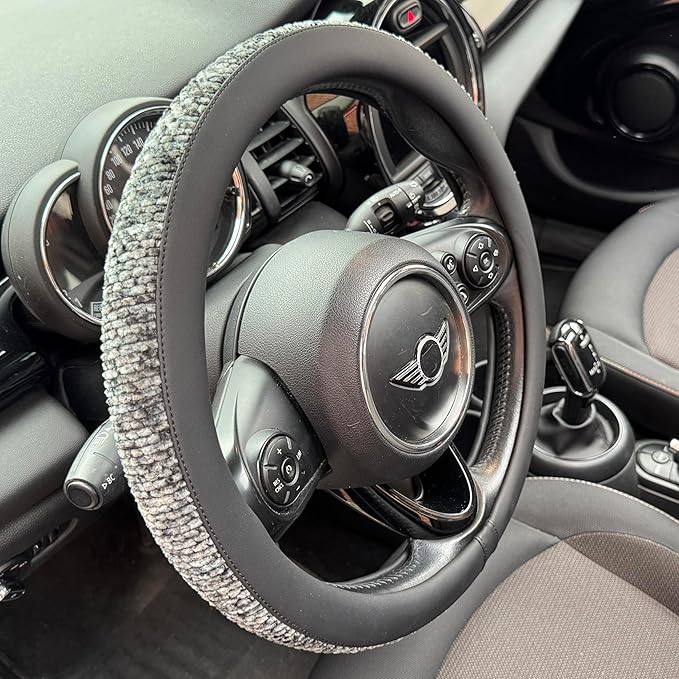 PINCTROT Large Size Chenille Leather Steering Wheel Cover, Soft Mottled Colors, Sweat-Proof, Non-Slip Grip, All-Season Comfort, 15.5-15.75 Inch(Mottled Gray)
