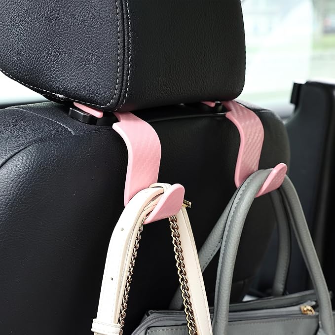 Amooca Car Seat Headrest Hook 4 Pack Hanger Universal Vehicle Car Storage Organizer for Handbag Purse Coat S Type Checkered Pink