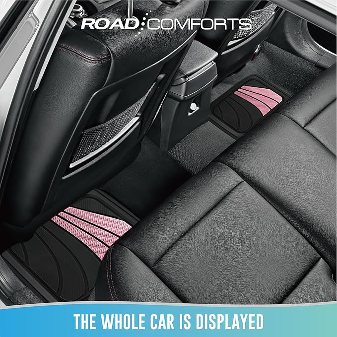 Road Comforts Car Floor Mats Full Set – Front & Rear Car Floor Mats with Aluminum Design, Anti-Slip Backing, All-Weather Protection, Trim-to-Fit Car Mats for Most Sedans, SUVs & Vans - Pink