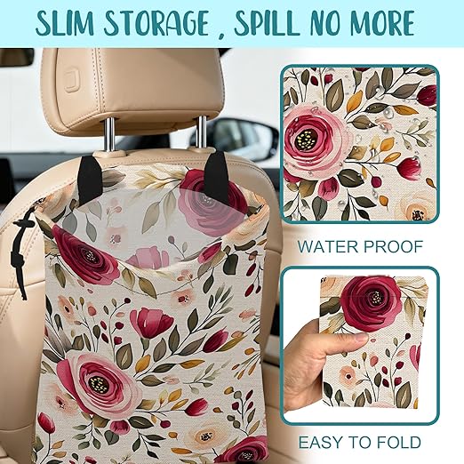 KXWQTRDD Car Garbage Bag Vintage Red and Pink Floral Hanging Canvas Car Trash Bag Drawstring Car Back Seat Organizer for Car Back Front Seat Console with Adjustable Buckle
