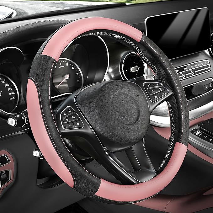SEG Direct Steering Wheel Cover for Car, Standard Size 14.5-15 inch, Auto Interior Accessories, Black and Pink