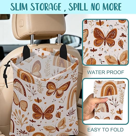 KXWQTRDD Car Garbage Bag Brown Butterflies and Leaves Drawstring Car Trash Bag Hanging for Back Seat with Adjustable Buckle Canvas Vehicle Trash Can Easy-to-Install