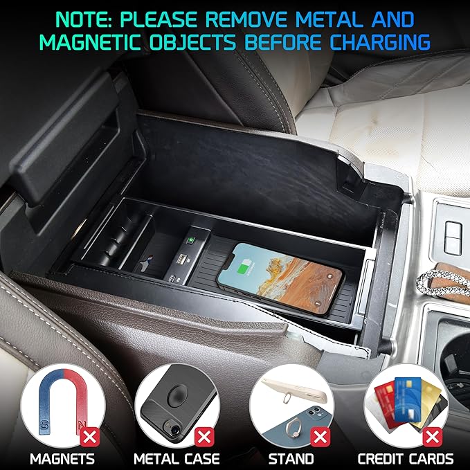 Wireless Charger for F150 2009-2023, Center Console Organizer Box Fast Wireless Chargering with USB-A USB-C Port for Ford F150 2009-2021 2022 2023 Accessories