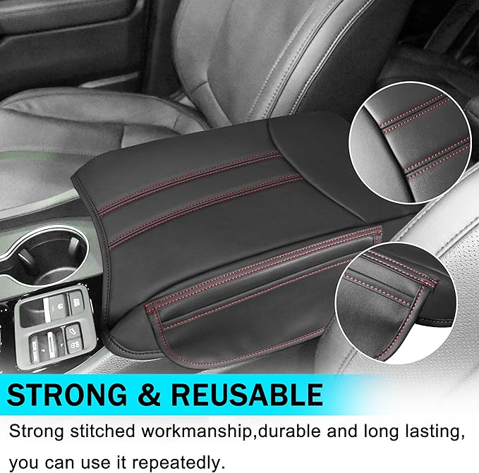 SENSHINE Armrest Cover for Honda Pilot Accessories 2023 2024 2025 2026 Center Console Cover Anti-Scratch Leather Armrest Protector Middle Console Pad with Side Pockets for Honda Pilot (Red Stitch)