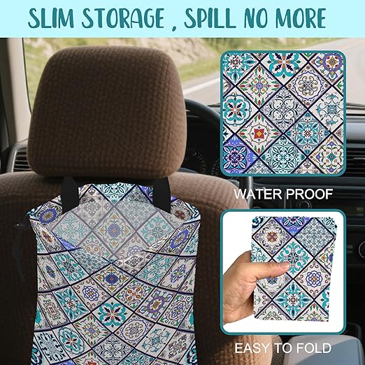 KXWQTRDD Car Garbage Bag Abstract Portuguese Tiles Drawstring Car Trash Bag Hanging for Back Seat with Adjustable Buckle Canvas Vehicle Trash Can Easy-to-Install