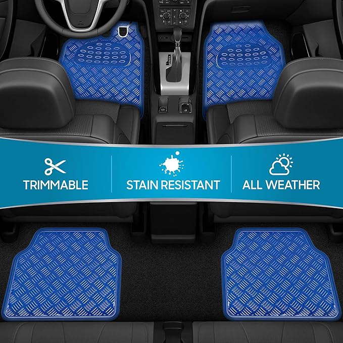 BDK Metallic Chrome Car Floor Mats All-Weather Universal Fit Automotive Floor Mats for Cars SUVs, Floor Mats for Trucks, Car Mats Full Set Front & Rear, Non-Slip Backing - Blue