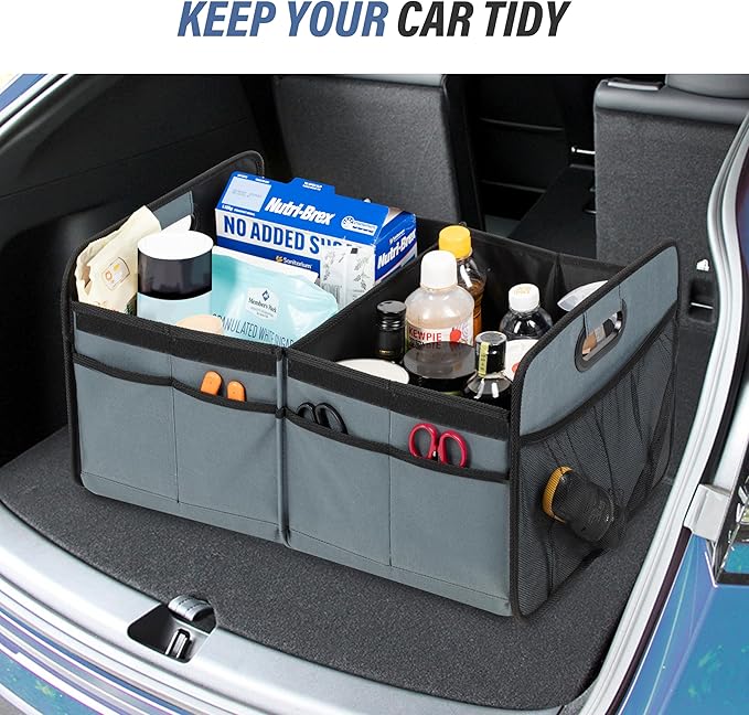 Simple Deluxe Car Trunk Organizer with Lid, Collapsible 2 Compartment 50L Automotive Storage Box with 5 Pocket, 600D Waterproof Oxford Polyester, Non Slip Bottom, Grey-Green, 2 Pack