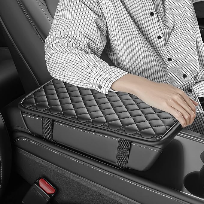 HighnessHwoo Car Armrest Covers, Vehicle Center Console Cover, Middle Storage Organizer Pad, Dog & Cat Paws Protetor, Nappa Leather, Waterproof, Anti-slip, Auto Interior Accessories, Black, Large Size