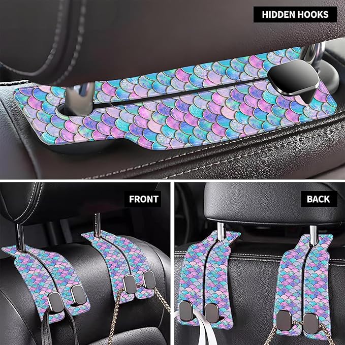 Car Headrest Purse Hanger Watercolor Mermaid Fish Scale 1 Pack Bag Purse Holder for Car Premium Leather Double Metal Hook for Handbags, Grocery Bags and Phones