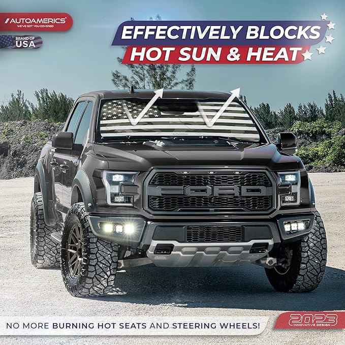 Autoamerics 1-Piece Windshield Sun Shade Green Camo American Flag USA Design - Foldable Car Front Window Sunshade for Most Sedans SUV Truck - Blocks Max UV Rays and Keeps Your Vehicle Cool - Small