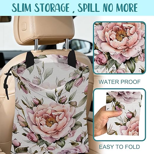KXWQTRDD Car Trash Bag Pink Peonies and Green Leaves Leak-Proof Car Garbage Bag with Drawstring Foldable Canvas Trash Bin with Adjustable Buckle for Car Accessories