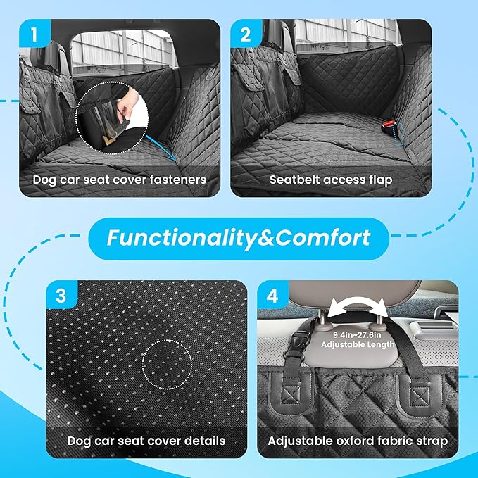 BeComfee Dog Car Seat Cover for Back Seat with Hard Bottom Extender, 450lbs Support Dog Hammock, Waterproof Non-Slip Back Seat Cover for Dogs with Full Seat & Door Protection for Truck SUV Sedan