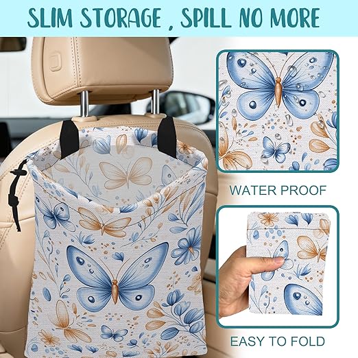 KXWQTRDD Car Garbage Bag Watercolor Blue Butterfly Hanging Canvas Car Trash Bag Drawstring Car Back Seat Organizer for Car Back Front Seat Console with Adjustable Buckle