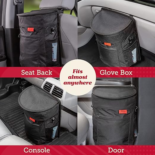 Lusso Gear Spill-Proof Car Trash Can - Leakproof Liner & Flip-Top Lid Auto Trash Can - Hangs in Trucks & SUVs as Trunk Organizer - 2.5-Gal Mesh Pockets for Camper Accessories - 2.5 Gal, Gray, Round