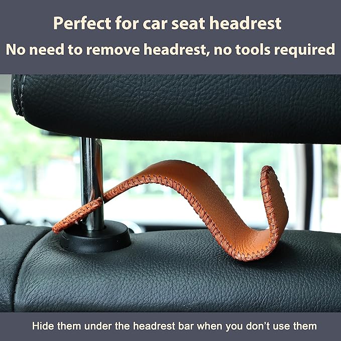Amooca Car Seat Headrest Hook Universal Vehicle Storage Hanger Leather with Metal Car Seat Back Organizer for Handbag Purse Coat Orange 2 Pack