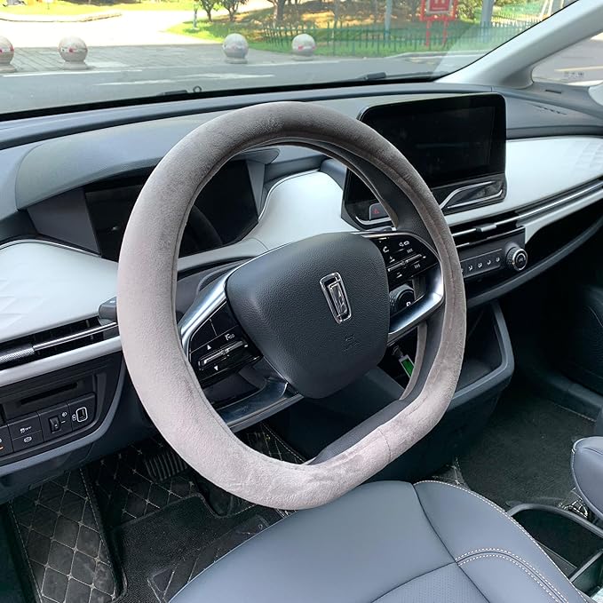 D Shape Fluffy Steering Wheel Cover, Short Plush Auto Accessories for Women with Inner Ring Universal 15 Inch (D-Shape Grey)