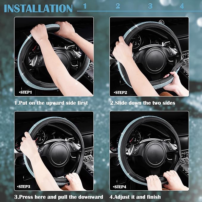 CAR PASS Mint Diamond Black Leather Steering Wheel Cover, Bling Blue Crystal Rhinestones Universal Fit 14"1/2-15" Crystal Glitter for Women Sparkle Girl Fit Suvs,Vans,Sedans,Cars,Trucks, Mint Diamond
