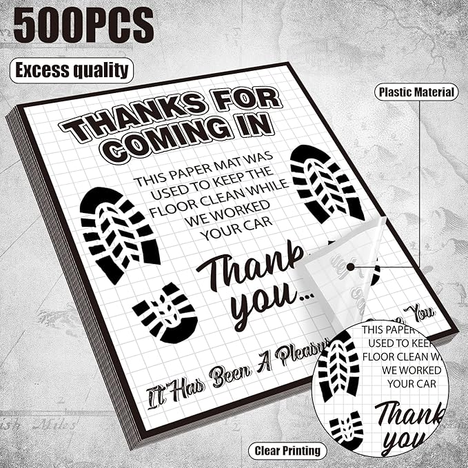 500 Pcs Waterproof Car Floor Mats Covers PE Plastic Protector Automotive Floor Mats Disposable Auto Vehicles Pads Car Vehicle Mat Bulk Printed with Footprint Words(15.75 x 20 Inch,White)