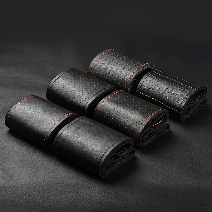 Universal Auto Steering Wheel Cover with Top Genuine Leather and Anti-Slip Design, Soft Padding, Heavy Duty