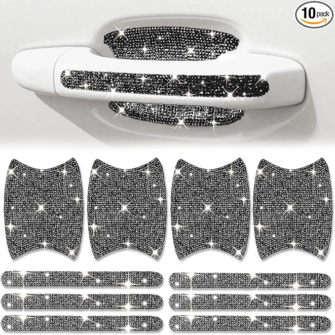 Bling Car Door Handle Protector, 10 PCS, Black Sparkling Rhinestone Cars Door Protective Cover, Anti-Scratch Auto Handles Sticker, Universal Bling Car Accessories for Women