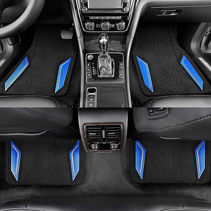 PIC AUTO Rubber Floor Mats, Blue Aluminum Film with Colorful Piping Floor Mats for Cars, Car Mats with Non-Slip Backing, All-Weather Protection, Trim-to-Fit Liner for Cars, SUVs, Trucks, Vehicles