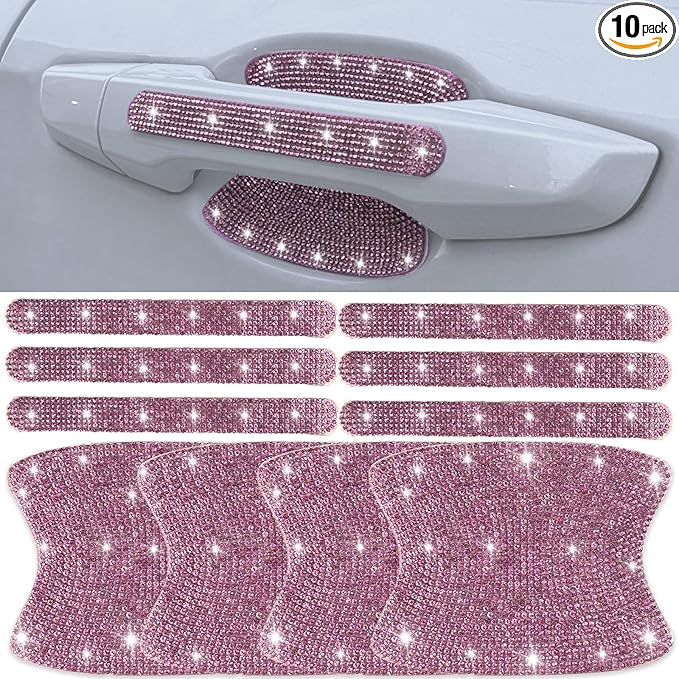 10 pcs Bling Diamond Car Door Handle Stickers, Bling Car Accessories for Women, Universal Rhinestone Crystal Glitter Door Handle Protector Stickers and Decals, Scratch Safety Reflective (Pink)