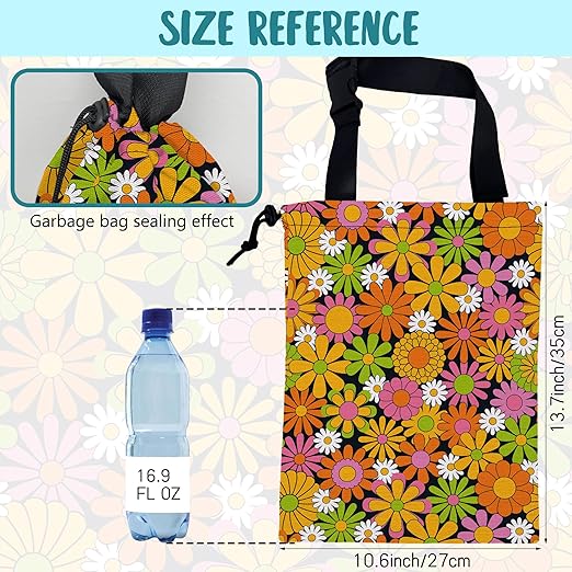 KXWQTRDD Car Garbage Bag Colorful Vintage Groovy Flowers Drawstring Car Trash Bag Hanging for Back Seat with Adjustable Buckle Canvas Vehicle Trash Can Easy-to-Install