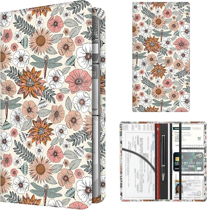 BAUCIWLD Premium Car Registration and Insurance Card Holder, Cute PU Leather Car Document Holder, Vehicle Glove Box Car Organizer with Magnetic Closure for Driver License, Cards Boho Flowers