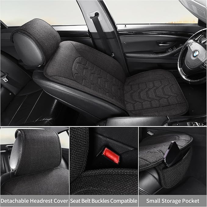 hoozoom Linen car Seat Covers Breathable Cloth Fabric Seat Protector Front seat Covers Universal Fit for 95% Automotive, Car, Van, SUV, Trucks（Black，2PCS）
