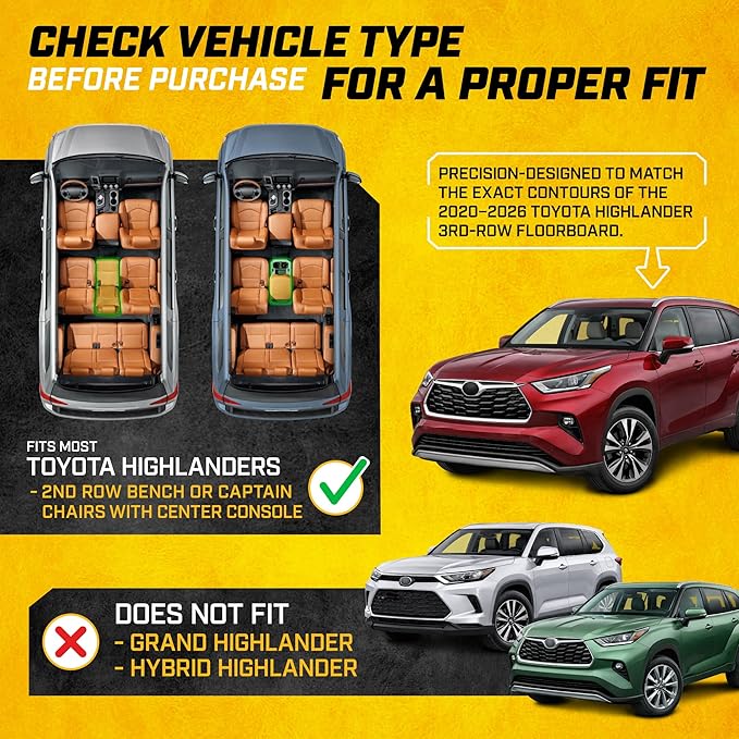 CAT® JustFit™ 3D All Weather Floor Mats for Toyota Highlander 2020-2026, Custom Fit Heavy Duty Rubber Car Mats Full Set for 7 Seater (Not for Hybrid)