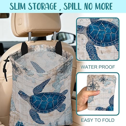 KXWQTRDD Car Garbage Bag Vintage Blue Sea Turtle Sailing Ships Drawstring Car Trash Bag Hanging for Back Seat with Adjustable Buckle Canvas Vehicle Trash Can Easy-to-Install