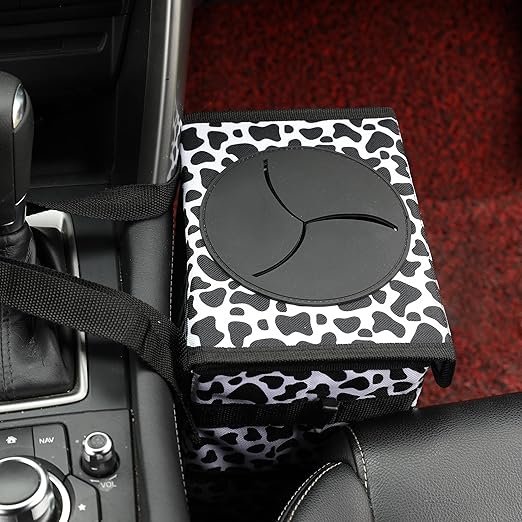 Car garbage can with lid Leak Proof Vehicle Trash Can 3 Storage Pockets Hanging Waterproof car trash bag for suv cow