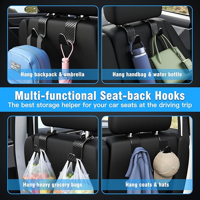 Amooca Car Seat Headrest Hook 4 Pack Hanger Universal Vehicle Car Storage Organizer for Handbag Purse Coat S Type Checkered Black