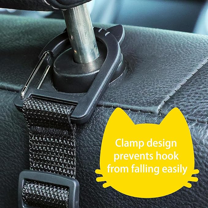 Amooca Car Headrest Hooks 4 Pack Adjustable Universal Fit Auto Seat Back Organizer Storage Hanger Purse Bags Holder with Clip Black