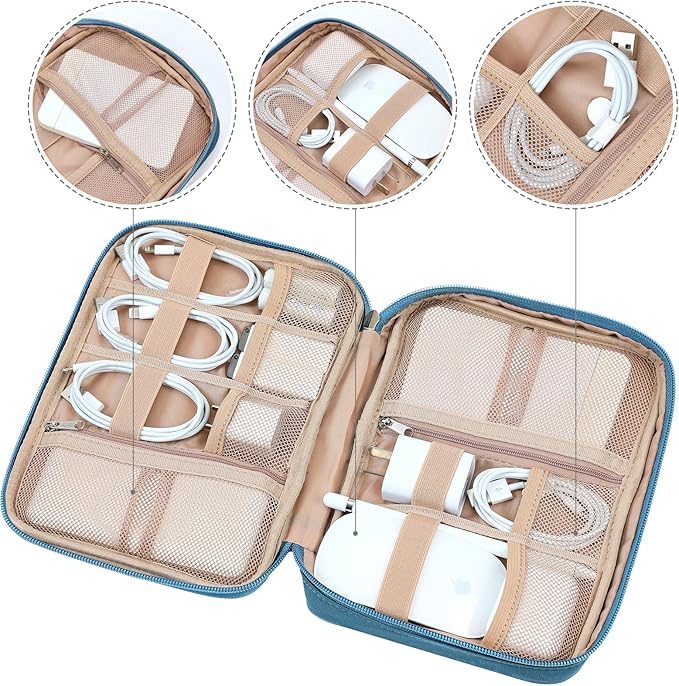 NISHEL Travel Cord Organizer Case, Tech Electronic Bag, Essentials for Charger, Cable, Phone, Hard Drive, USB, SD Card, Lake-Blue