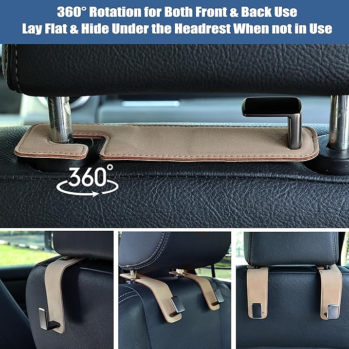 Amooca Car Seat Back Hook Universal Auto Storage Hanger Suede with Metal Car Seat Organizer for Handbag Purse Coat Umbrellas Grocery Bags 2 Pack Beige