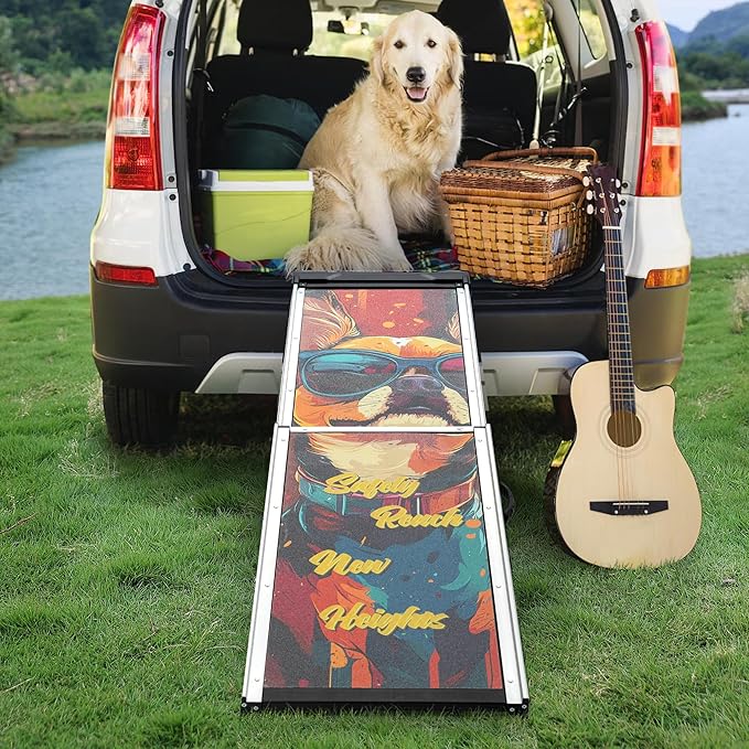 COZIWOW Telescoping Dog Car Ramp for Large Dogs - Heavy-Duty Aluminum Pet Ramp with High-Traction Surface, Anti-Slip Steps for Cars/Trucks/SUVs,Adjustable Sizing,330LB Load Capacity(Easy to Carry)