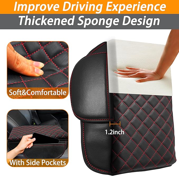 Center Console Cover for Ford Explorer 2026 2025 2020-2024 Accessories 1.2in Thickness Armrest Cover Leather Arm Rest Box Lid Protector Cushion Pad Middle Console Cover with Side Pockets (Red Stitch)