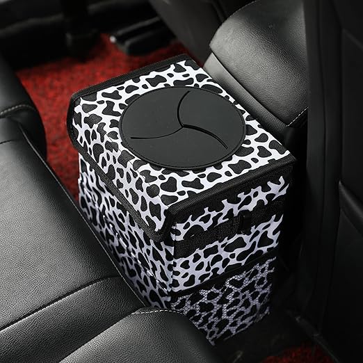 Car garbage can with lid Leak Proof Vehicle Trash Can 3 Storage Pockets Hanging Waterproof car trash bag for suv cow