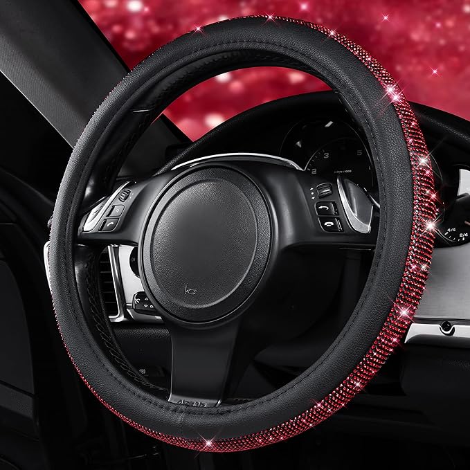 CAR PASS Red Diamond Black Leather Steering Wheel Cover, with Bling Crystal Rhinestones Universal Fit 14" 1/2-15" Crystal Glitter for Women Sparkle Girl Fit Suvs,Vans,Sedans,Cars,Trucks, Red Diamond
