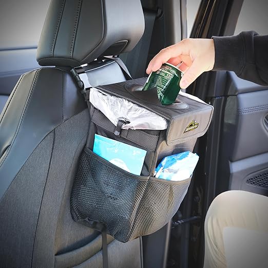 Armor All Car Trash Can & Organizer, 2.63 Gallon Waterproof Covered Garbage Bin, 3 Mesh Pockets, Collapsible for Easy Storage, Adjustable Strap & Hook for Backseat Hanging, 9.5” L x 6.25” D x 10.25” H